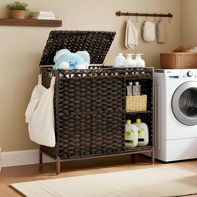 Laundry Hamper with Lid, 110L (29.1 Gal) Rattan Laundry Hamper 2 Section with 50L (13.2 Gal) Storage Shelf, Wicker Woven Laundry Sorter Basket with 3 Liner Bags and Handles, Brown GLH002BR