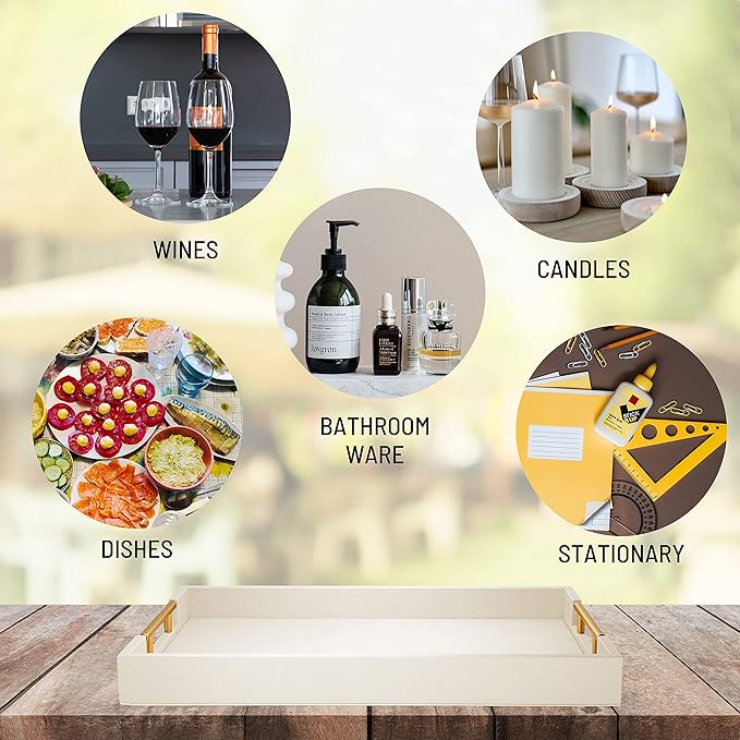 17" x 12" Wood Serving Tray with Gold Polished Metal Handles, Home Decorative Wooden Rectangle Ottoman Leather Decor Platter Bathroom Vanity Tray for All Occasions White