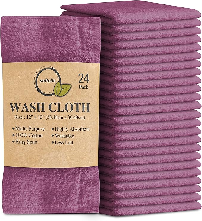 Softolle 100% Cotton Washcloths 24 Pack (12x12 Inches) Soft, Highly Absorbent Washcloth, Face Towels, Wash Cloths for Face, Ring Spun, Bulk Pack (Purple Ash)