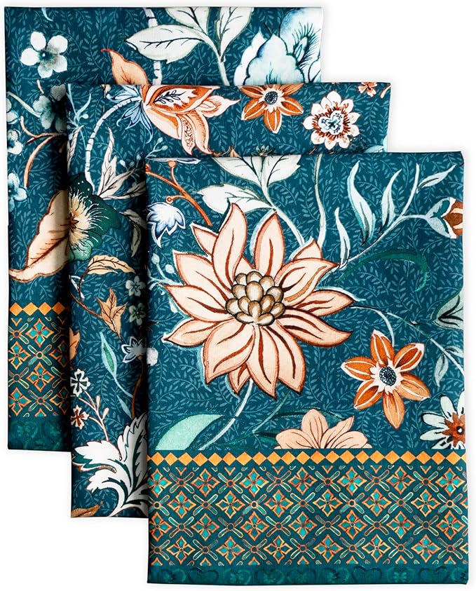 Maison d' Hermine Kitchen Towels Set of 3 100% Cotton 20" x 27.5" Reusable Cloth Tea Dish Towels Absorbent with Hanging Loop for Kitchen Thanksgiving Christmas Decorations (Luxury Loft - Dark Teal)