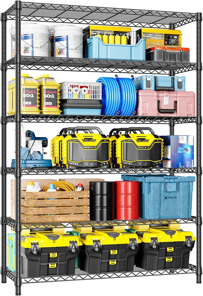 IZEUK 6-Tier Heavy Duty Metal Wire Shelving Unit, Adjustable Storage Rack Organizer for Garage, Kitchen, Office, Basement, Warehouse (Black, 17.7" D x 47.2" W x 82.7" H)