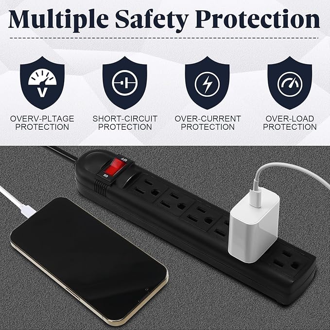 Hoteam 10 Pcs Power Strip Bulk 6 Outlet Surge Protector Power Cord Electrical Extension Cord with Switch Low Profile Plug Flat for Home Office(8.2 ft,Black)