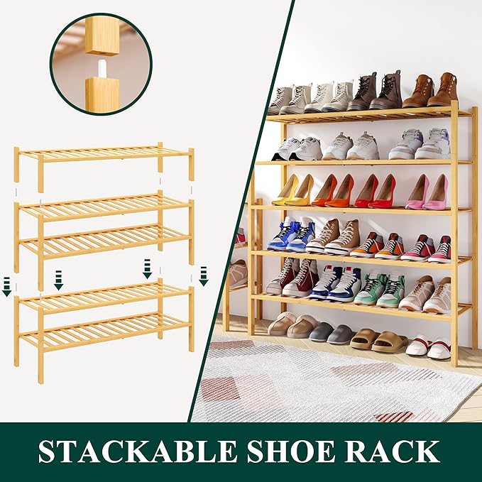 Smiry Shoe Rack, 3 Tier Long Bamboo Shoe Organizer, Stackable Free Standing Wooden Shoe Storage Shelf for Closet, Entryway, Front Door Entrance, Natural