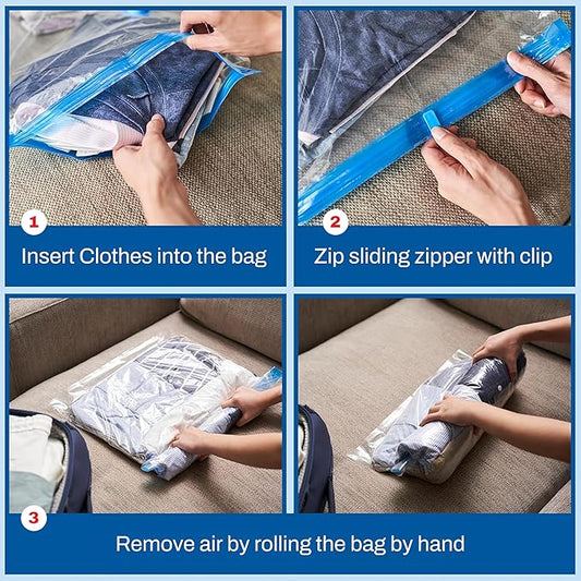 Spacesaver Roll Up Vacuum Storage Bags for Jackets, Suits, Dresses & Clothes β Sealed Compression Bags with Hand Pump β Space Saver Bags for Moving, Travel & Organization - Pack of 8