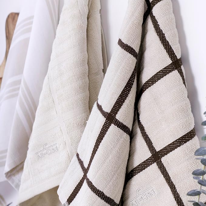 All-Clad Checked Kitchen Towel: Highly Absorbent, Super Soft Long Lasting - 100% Cotton, 17"x30" Tea Towel for Cleaning & Drying Dishes, Pans, Glassware, or Countertops, (1-Pack), Almond