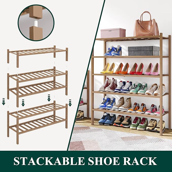 Smiry Shoe Rack, 4 Tier Thick Bamboo Shoe Organizer, Stackable Free Standing Wooden Shoe Storage Shelf for Closet, Entryway, Front Door Entrance, Walnut
