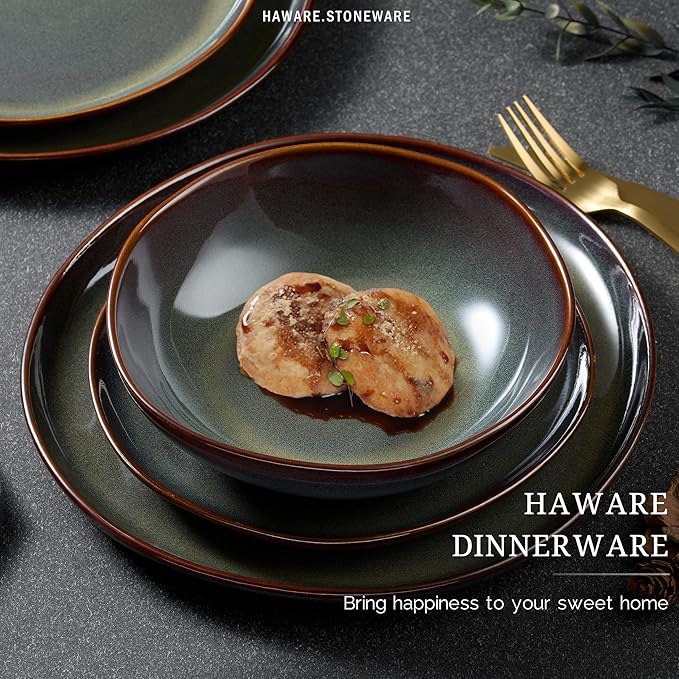 HaWare Plates and Bowls Set, Stoneware Dinnerware Sets, 18-Piece Hand-painted Dish Set for 6, Ceramic Dishware for Home Kitchen, Scratch Resistant, Microwave and Dishwasher Safe, Reactive Moss Green