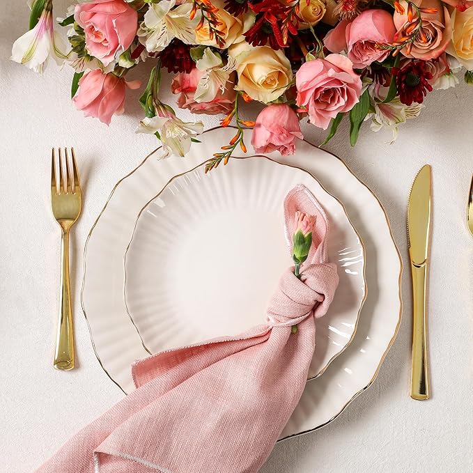 Christian Siriano Zinnia Porcelain Dinnerware Set, 12-Piece Plates and Bowls Set, White and Gold Dish Set for 4, Scalloped Edge, Hand Wash Only