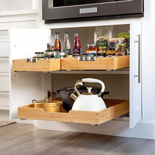 HOLDN’ STORAGE Bamboo Wooden Pull out Cabinet Organizer.14”W x 21”D - Requires At Least a 15.25:W x 21" D. Cabinet Opening. W/Lifetime Limited Warranty. Bamboo Tray and Heavy gauge metal rails.