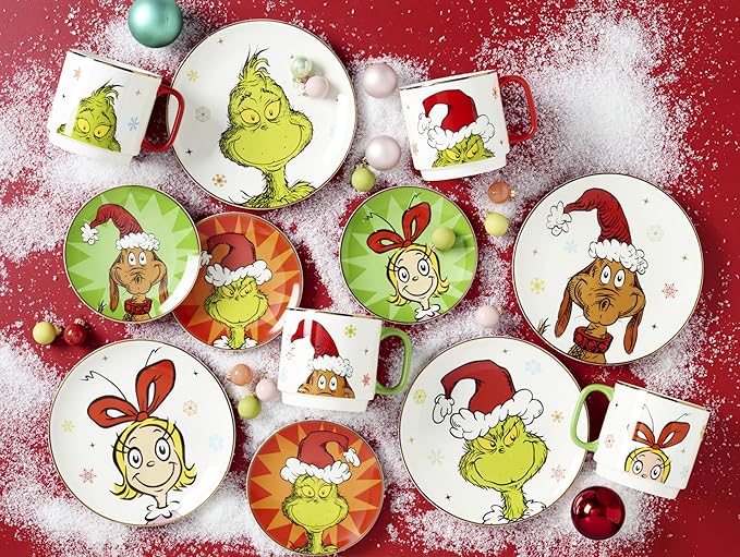 Lenox Dinnerware Set, Merry Grinchmas Accent Plates, Service for 4 Porcelain Accent plates, Microwave Safe and Dishwasher Safe, for Pasta, Salad and Dinner, Christmas Decoration (Assorted, 4 Pieces)