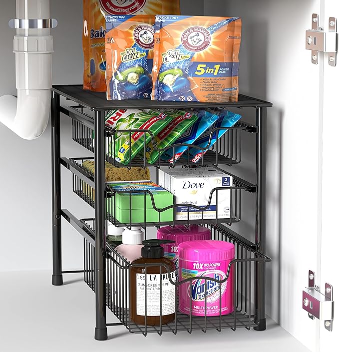 Simple Houseware 3-Tier Stackable Sliding Basket Storage Organizer Drawer for Bathroom and Kitchen, Black