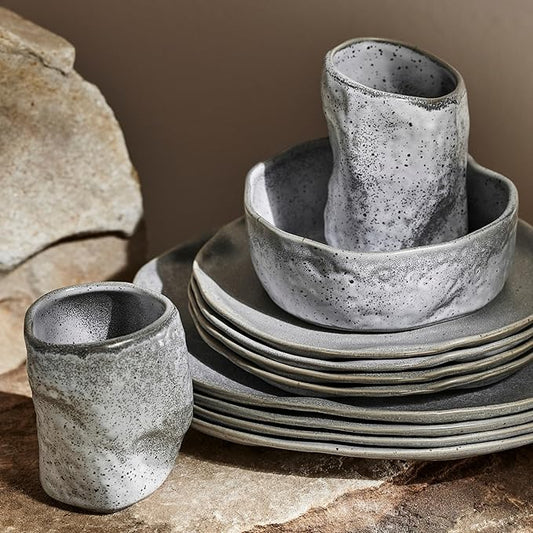 Stone by Mercer Project Atik Modern Stoneware 32-Piece Dinnerware Set, Plate and Bowl Set, Dish set for 8, Grey Speckled