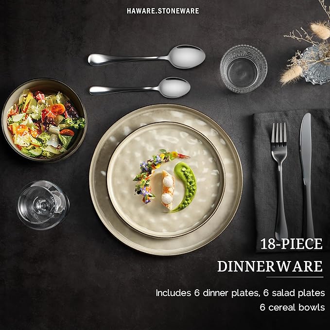 HaWare Dinnerware Sets, 18-Piece Plates and Bowls Set, Stoneware Dish Set for 6, Ceramic Dinnerware for Home Restaurant, Chip and Scratch Resistant, Microwave and Dishwasher Safe, Saturn Khaki