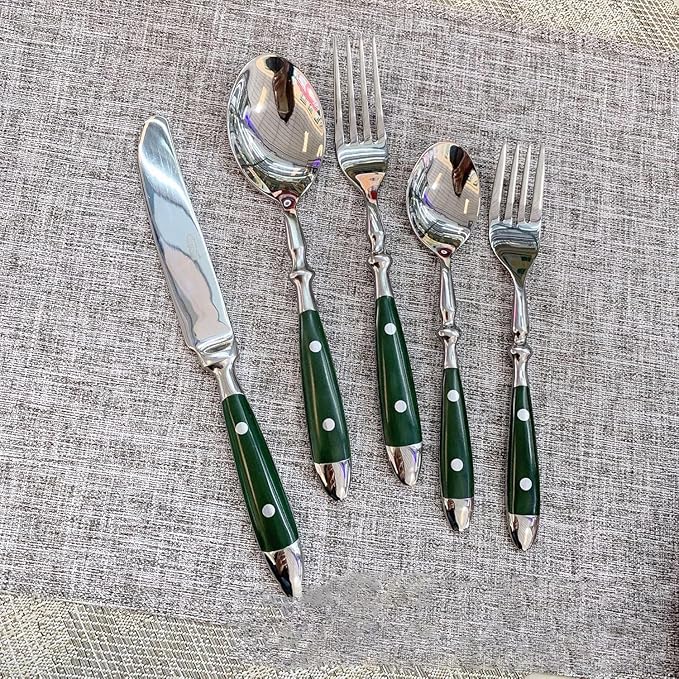 30 Pieces Green Gum Wood Handle Silverware Set for 6,Exquisite Ergonomic Flatware Set Food-Grade Stainless Steel Cutlery Set,Tableware Eating Utensils,Mirror Finished,Dishwasher Safe