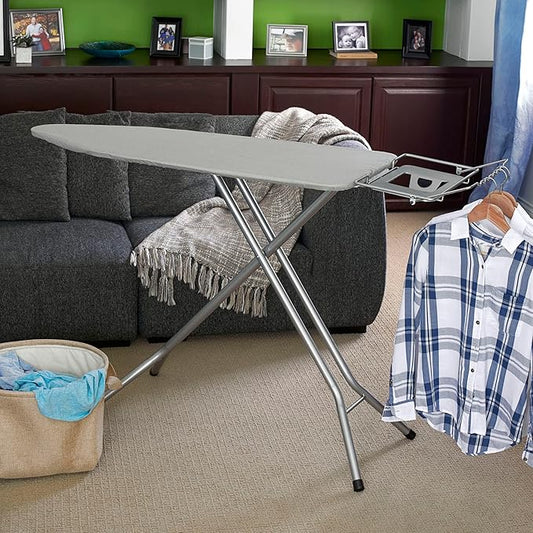 Household Essentials Wide Top Ironing Board, 4-Legs, Steel Top Ironing Board with Fixed Iron Rest, Fiber Pad, Scorch and Stain Resistant, Silver Frame and Silicone-Coated Cotton Cover