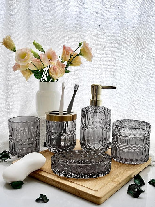 Gray Bathroom Accessories Set, 5Pcs Clear Glass Bathroom Sets, Soap Dispenser, Soap Dish, Toothbrush Holder Set, Cotton Swab Jar, Black and Gold Accent for Vintage Bathroom Decor, Gift Set