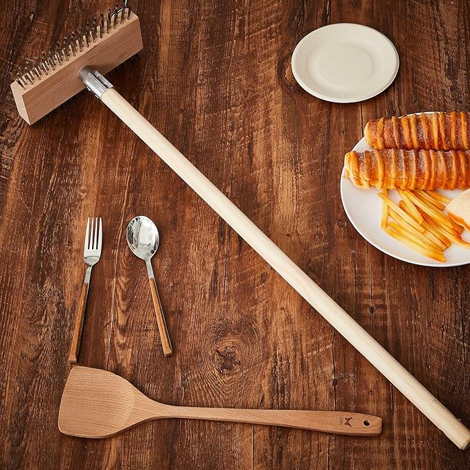 2 Pcs Stainless Steel Grill Brushes, Grill Scraper with 30'' Long Wooden Handle Commercial Oven Charbroiler Cleaning Brush for Outdoor Kitchens BBQ Restaurants