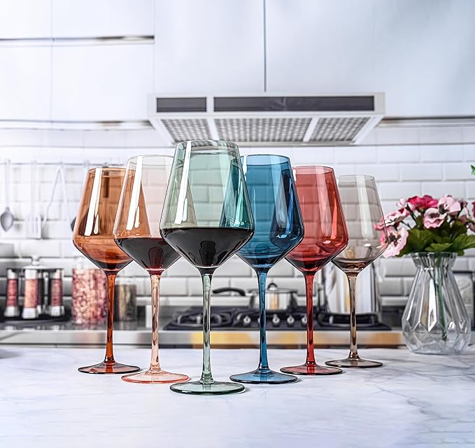 Colored Cordial Glasses Set of 6, 18oz Crystal Unique Fall Drinking Wine Glass Cups with Stem - Luxury Multi Color Glassware Gift Set for Wife & Mom - Colorful Hand Blown Drinkware for Red White Wine.