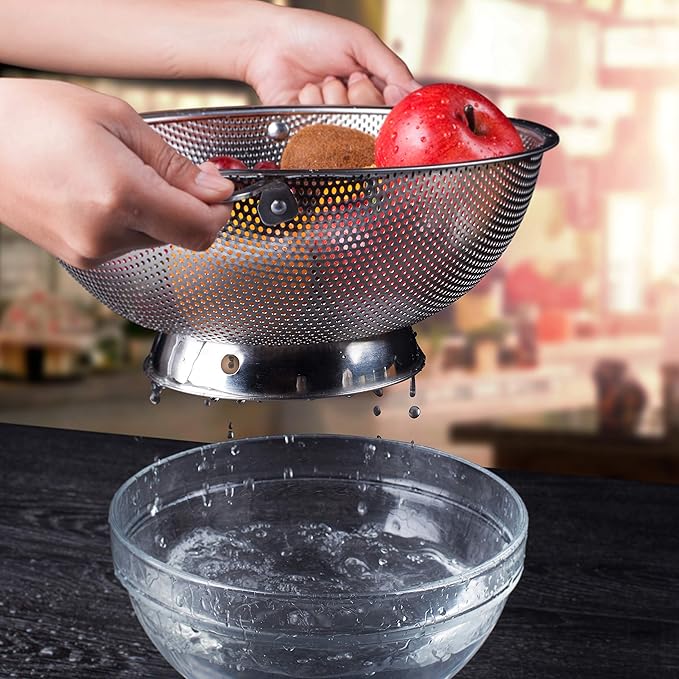 LiveFresh Stainless Steel Micro-Perforated 5-Quart Colander - Professional Strainer with Heavy Duty Handles and Self-draining Solid Ring Base - Dishwasher Safe