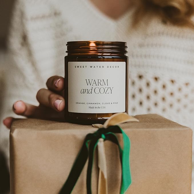 Sweet Water Decor Warm and Cozy Soy Candle - Orange Peel, Cinnamon, Ginger and Clove Scented Candles for Home - 9oz Amber Jar + Black Lid, 40+ Hour Burn Time, Made in The USA