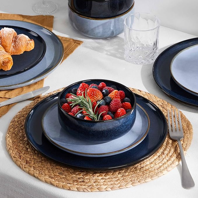 Herogo Stoneware Plates and Bowls Sets for 4, 12 Pieces Modern Dinnerware, Reactive Glaze Dishes Set for Kitchen, Chip Resistant, Microwave & Dishwasher Safe, Starry Blue & Haze Blue