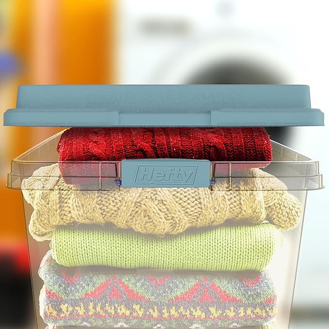 Hefty HI-RISE 72 Qt Large Plastic Storage Bins with Lids, 6 Pack Stackable Containers with Secure Latching Handles, Clear Storage Totes for Garage, Closet, Basement, Clothes and Household Organization