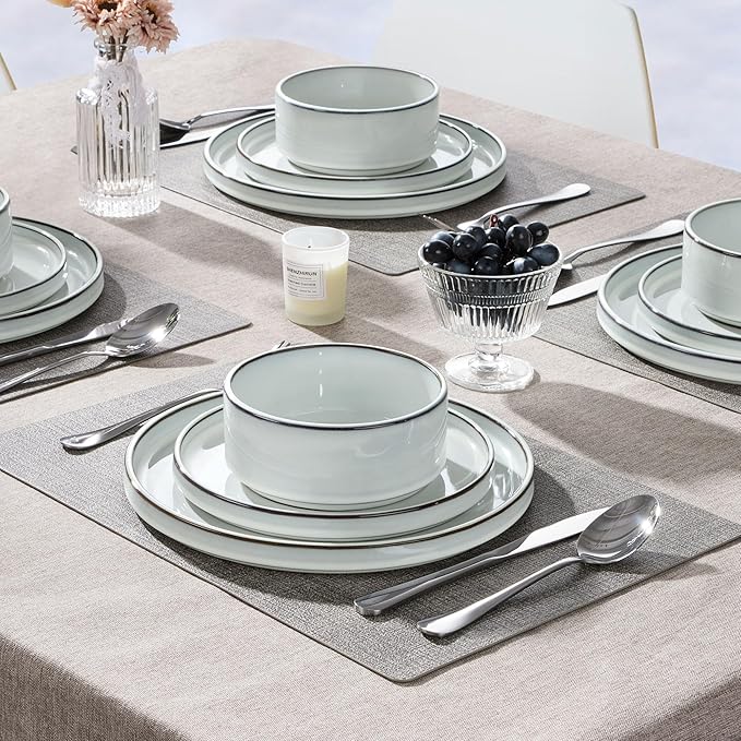 Herogo 12 Pieces Stoneware Dinnerware Set for 4, Ceramic Dinner Dishware Sets for Home Kitchen, Plates and Bowls with Rustic Terracotta Bottom, Dishwasher & Microwave Safe, Icy White