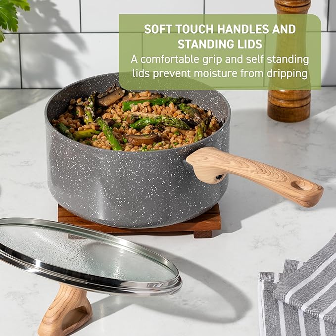 T-fal Revive Ceramic Cookware Sets, Pots and Pans Set Nonstick, (12 pieces), Ceramic Non stick Coated, Frying Pan, Oven Safe Up To 350ยฐF, Grey Granite
