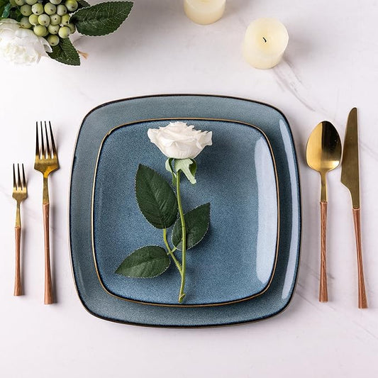 AmorArc Ceramic Dinnerware Sets for 4, 12 Pieces Square Handpainted Plates and Bowls Set, Chip and Scratch Resistant Stoneware Dishes Set, Dishwasher & Microwave Safe, Ocean Blue