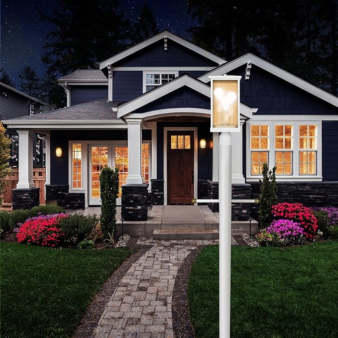 Outdoor Post Light and Lamp Post with Modern Clear Glass for Driveways, Porches, and Backyards, White, Design House 587683