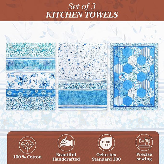 Maison d' Hermine Kitchen Towels Set of 3 100% Cotton 27.50" x 20" Reusable Cloth Tea Dish Towels Absorbent with Hanging Loop for Kitchen, Home, Dining, Cocktail Parties Spring/Summer (Summer Blues)