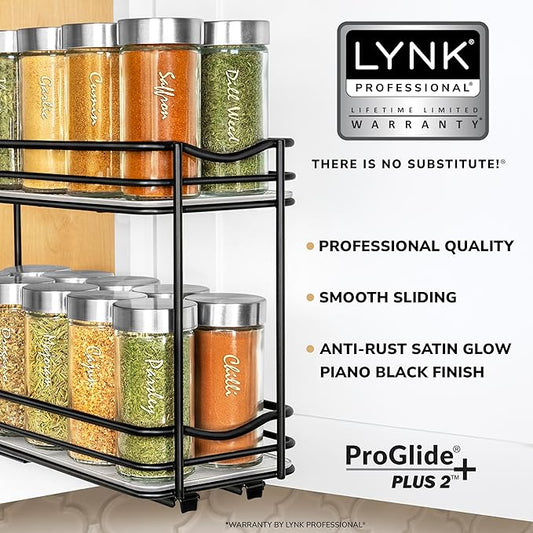 LYNK PROFESSIONAL® Pull Out Spice Rack Organizer for Inside Kitchen Cabinets - 4-3/8 inch Wide - Slide Out Drawer – Black Sliding Spice Cabinet Organization Shelf Racks - 2 Tier