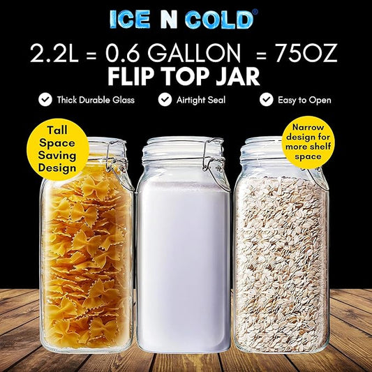 Airtight Glass Storage Jars with Clamp Lid – Food Storage Containers with Rubber Gasket Seal – Pantry & Kitchen Canisters for Dry Goods, Coffee, Sugar, Pasta – 0.4L to 2.2L Sizes (6, 75oz | 2.2L)