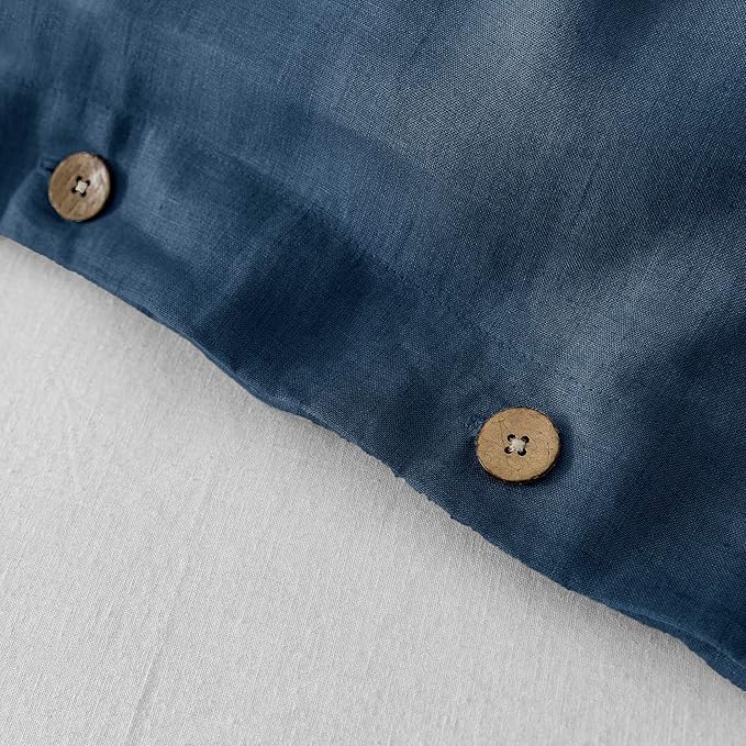 EVERLY100% Pure Linen Duvet Cover Set King Size104X90Inch 3pcs (1 Duvet Cover,2 Pillowcases) Soft and Breathable for All Season with Coconut Button Closure, Suitable for Hot Sleepers-Navy Blue