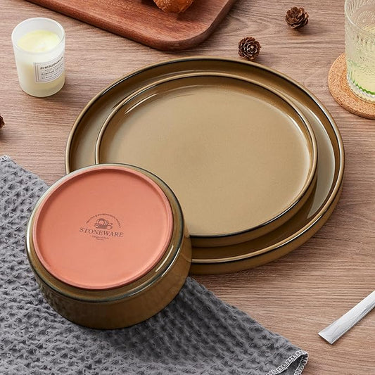 LIANYU 24 Piece Stoneware Dinnerware Sets, Modern Plates and Bowls Dishes Set for 8, Elegant Dinning Dishware for Dinner Salad Cereal, Dishwasher & Microwave Safe, Amber Gold