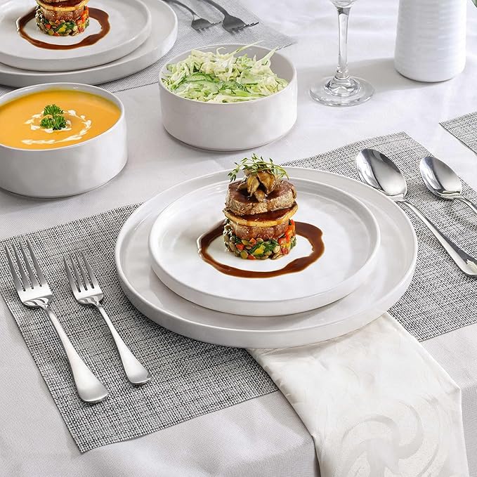 LIANYU 6 Piece Stoneware Dinnerware Sets for 2, Kitchen Plates and Bowls Dishes Sets, Speckled Dinner Ware Dishware, Chip and Scratch Resistant, Microwave & Dishwasher Safe, Polar White