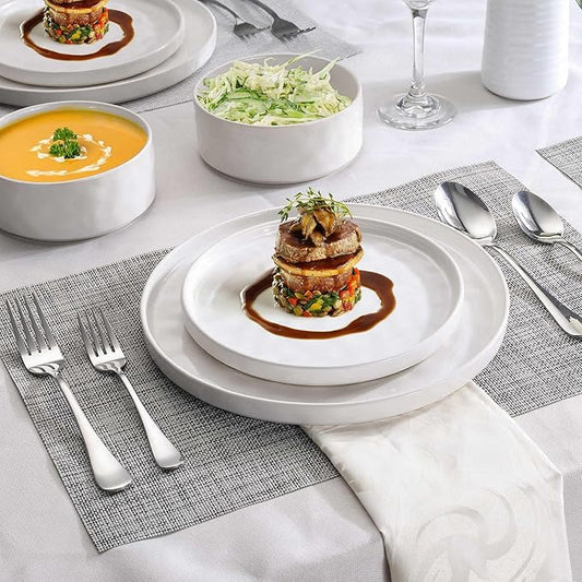 LIANYU Stoneware Dinnerware Sets, 12 Piece Plates and Bowls Dish Set for 4, Kitchen Speckled Dinner Ware Dining Dishware, Microwave & Dishwasher Safe, Polar White