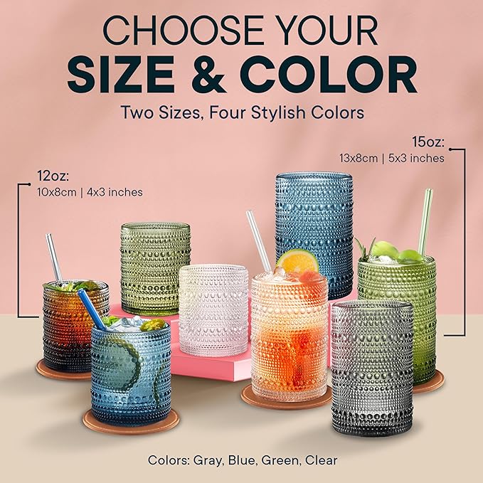 12 OZ Hobnail Drinking Set of 12 – Vintage Embossed Glassware, Textured Tumblers for Water, Beer, Cocktails, Mocktails, Whiskey & More – Includes Straws and Coasters – Smokey Gray