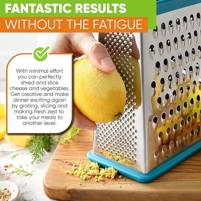 Spring Chef Handheld Stainless Steel XL Parmesan Cheese Grater with Handle - 4 Sided Metal Box Grater for Kitchen - Dishwasher Safe Potato Shredder for Hash Browns, Potato, Carrot, Vegetables - Teal
