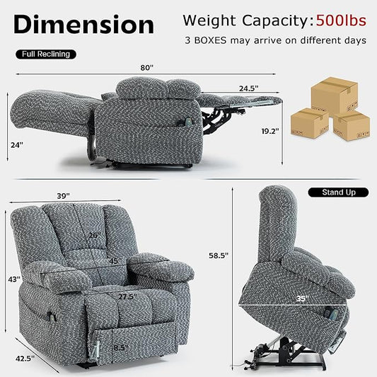 Big Man Recliner 500lbs Power Lift Recliner Chair for Big Tall Elderly Adults Oversized Lay Flat Lift Recliner with Extended Footrest,Heat Massage,Flip Arm Storage Cup Holders,USB Type C