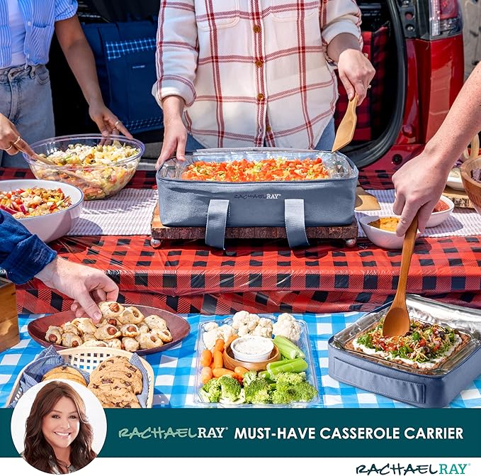 Rachael Ray Lugger Duo, Insulated Casserole Carrier for Hot or Cold Food, Thermal Lasanga Lugger Tote for Potluck, Parties, Picnic, and Cookouts, Fits 9" x 13" Baking Dish, Slate Stripe