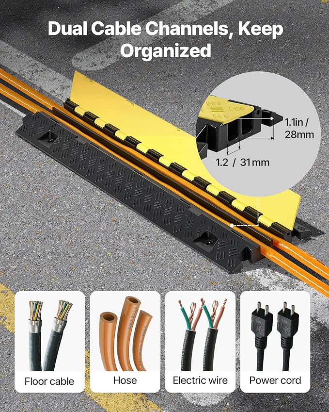 VEVOR 3 PCs Rubber Cable Protector Ramp, 2 Channel Heavy Duty TPU Floor Cord Hose Wire Cover, 1.2'' W x 1.1'' H Channel Size, Traffic Speed Bump with Flip-Open Top Cover, for Indoor Outdoor Use