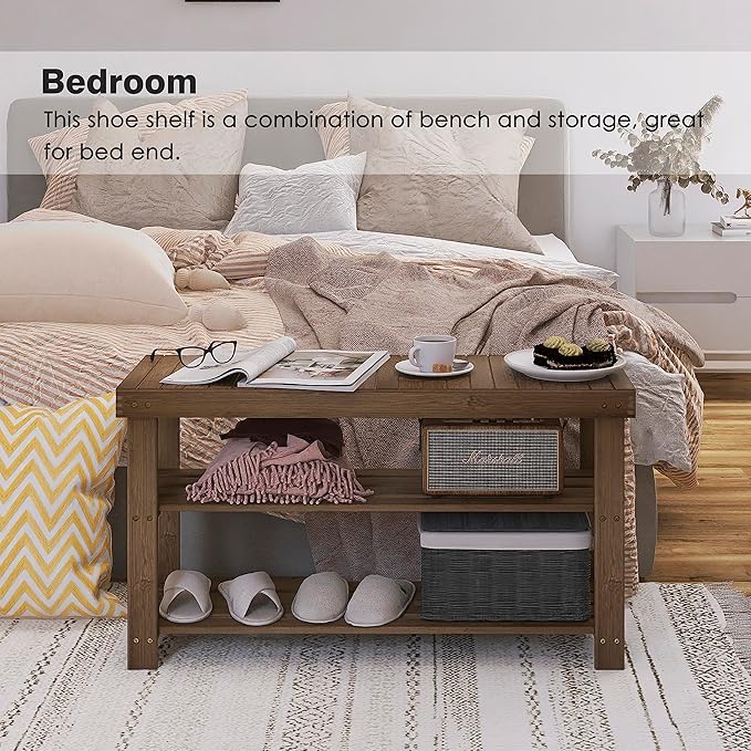 SMIBUY Bamboo Shoe Rack Bench, 3-Tier Shoe Organizer Storage Shelf for Entryway Hallway Bathroom Living Room (Walnut)