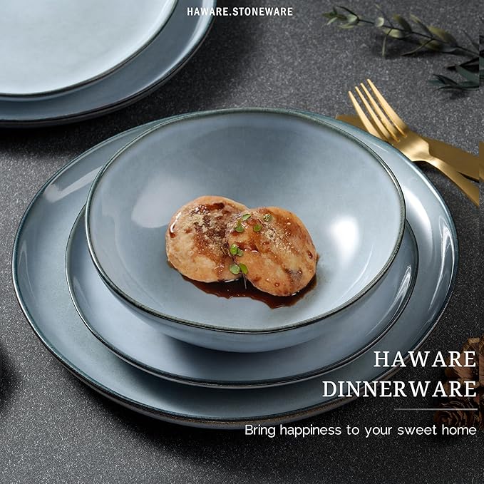 HaWare Plates and Bowls Set, Stoneware Dinnerware Sets, 18-Piece Hand-painted Dishware for 6, Ceramic Dinner Set for Home Kitchen, Scratch Resistant, Microwave and Dishwasher Safe, Reactive Foggy Blue