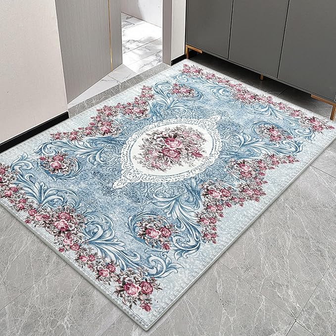 Easy-Going Floral Area Rug 3x5 Entryway Rug Washable Inside Door Mats for Home Entrance Non-Slip Retro Flowers Small Rugs for Entry Living Room Bedroom Kitchen Bathroom Lightweight Carpet, Teal Red