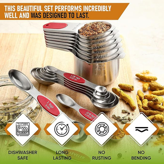 Spring Chef Magnetic Measuring Cups & Spoons Set, Patented, Strong N45 Magnets, Heavy Duty Stainless Steel Fits in Spice Jars for Baking & Cooking, BPA Free, Round Set of 15 with Leveler, Red