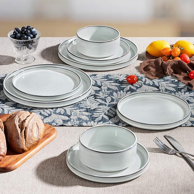 Herogo Plates and Bowls Dinner Dishes Sets for 6, 18 Pieces Ceramic Stoneware Dinnerware Set, Rustic Terracotta Bottom, Dishwasher & Microwave Safe, Icy White