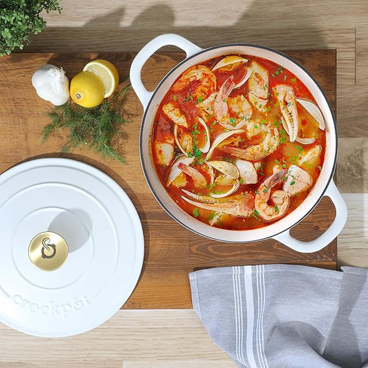 Crock-Pot Artisan 5-Quart Round Dutch Oven – Matte Linen White with Gold Knob, Enameled Cast Iron Cookware