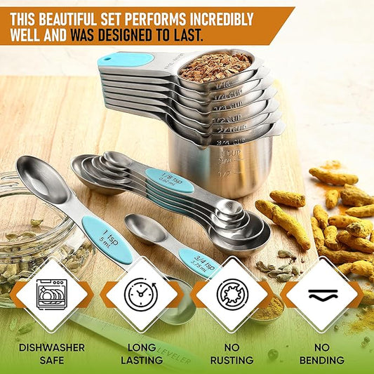 Spring Chef Magnetic Measuring Cups & Spoons Set, Patented, Strong Magnets, Heavy Duty Stainless Steel Fits in Spice Jars for Baking & Cooking, BPA Free, Round Set of 15 with Leveler, Aqua Sky