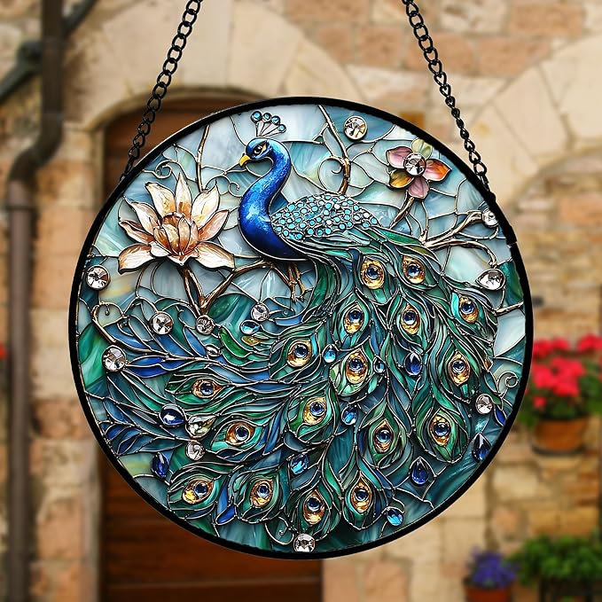 Stained Glass Window Hanging, Blue Peacock Decoration Suncatcher for Door Garden Home Flower Bird Sun Catchers Christmas Mother's Day Birthday Gifts for Women Men Mom Nana Friend 6.3 in